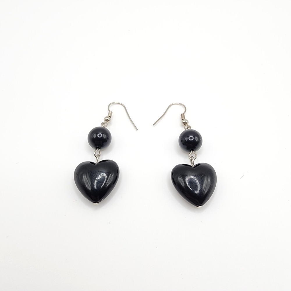 Silver Tone Black Acrylic Heart Dangle Earrings Hook Romantic
